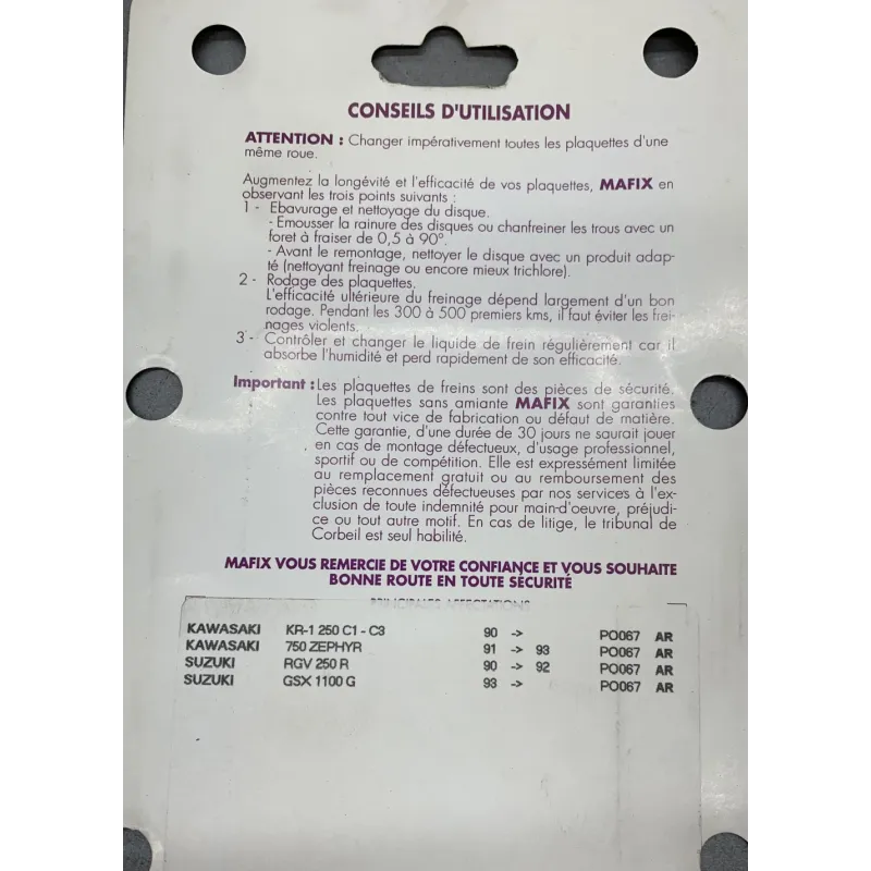 Plaquettes de frein arriere SUZUKI RGV 250 1991-1996